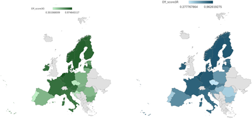 Two maps display the distribution of two innovation efficiency scores across Europe, with varying shades.