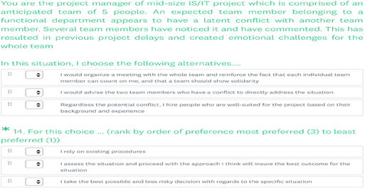 A screenshot shows a project management scenario question with ranked multiple-choice responses.