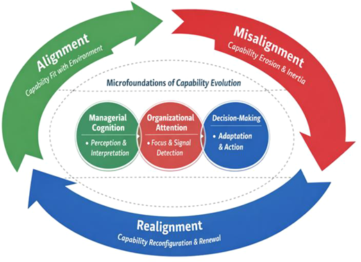 A Circular conceptual model illustrating capability evolution through alignment, misalignment, and realignment, supported by 3 microfoundations.
