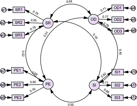 A structural equation model illustrating relationships among S R, O D, P E, and S I with measurement indicators S R 1 to S R 3, O D 1 to O D 3, P E 1 to P E 3, and S I 1 to S I 3.