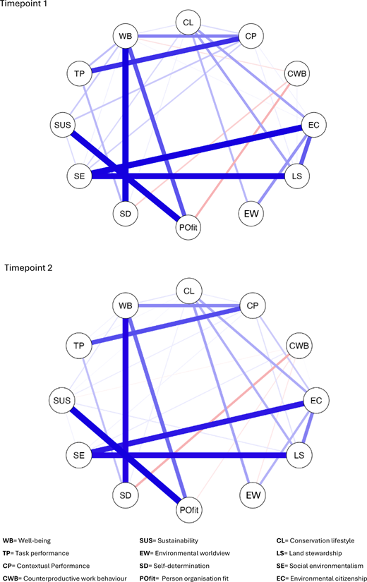 A comparison of 2 network diagrams at timepoint 1 and timepoint 2 with nodes W B, C L, C P, C W B, E C, L S, E W, P O fit, S D, S E, S U S, and T P.