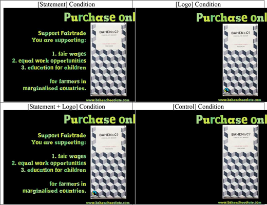 Four promotional frames show Bahen and Company chocolate bars with variations of Fairtrade statements and a purchase prompt.