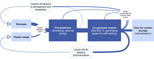 A flowchart shows biomass and plastic waste processed through pre-treatment and co-pyrolysis to produce char and oils.