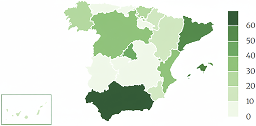 A chloropleth map shows various regions shaded according to a numerical scale ranging from 0 to 60.