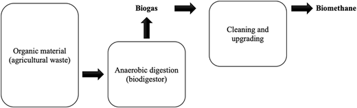 A flowchart shows organic material converted to biomethane via anaerobic digestion and cleaning and upgrading.