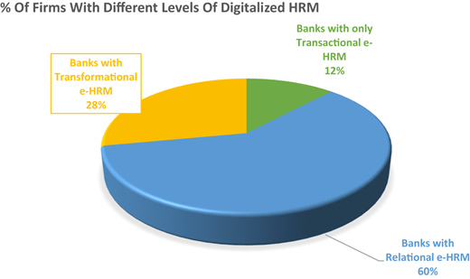 A 3-D pie chart showing banks by e-H R M level of transactional, relational, and transformational.