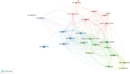 A network visualization showing the relationships between various authors and their publications.