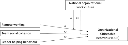 A diagram linking remote working, team cohesion, leadership, and O C B with work culture.