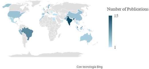 A choropleth world map showing the geographic density of publications.