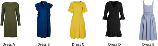 A selection of five dresses labeled A through E, each in different colors and styles.