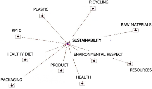 A radial diagram with “SUSTAINABILITY” at the center and ten labeled branches.