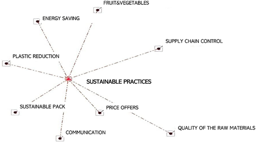 A radial diagram with “SUSTAINABLE PRACTICES” at the center and eight labeled branches.
