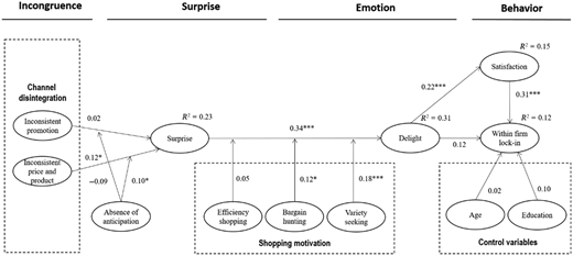 A conceptual path model shows links from incongruence to surprise, emotion, and behavior with arrow lables.