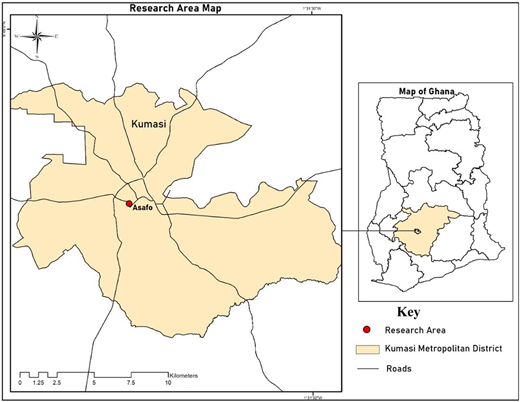 A map of Ghana highlighting the Kumasi Metropolitan District and Asafo.
