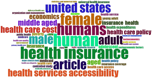 A word cloud showing health insurance related research terms with varying text sizes.