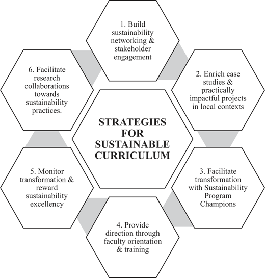 Diagram illustrating strategies for a sustainable curriculum using hexagonal shapes around a central title, with numbered action points emphasizing key strategies.