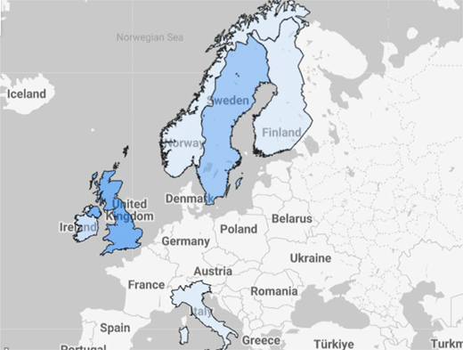 A map of Europe highlights Sweden, Finland, Denmark, United Kingdom, and Italy, with surrounding countries labelled.
