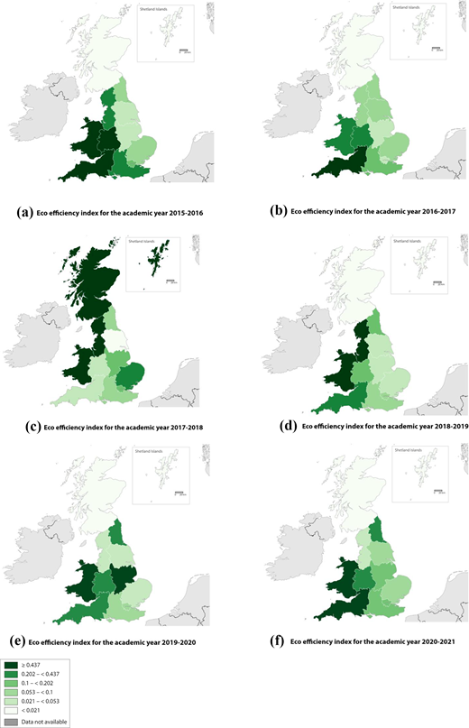 Maps displaying the eco efficiency index for the academic years 2015 to 2021 across the U K, illustrating different levels of eco efficiency using a colour gradient.