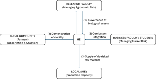 A flow diagram illustrates interactions between H E I, research, business, local S M E s, and the rural community.