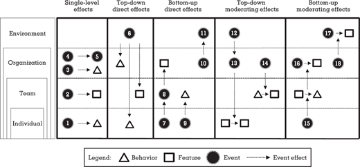 The diagram illustrates relationships between individual, team, organisation, and environment across five categories of effects.