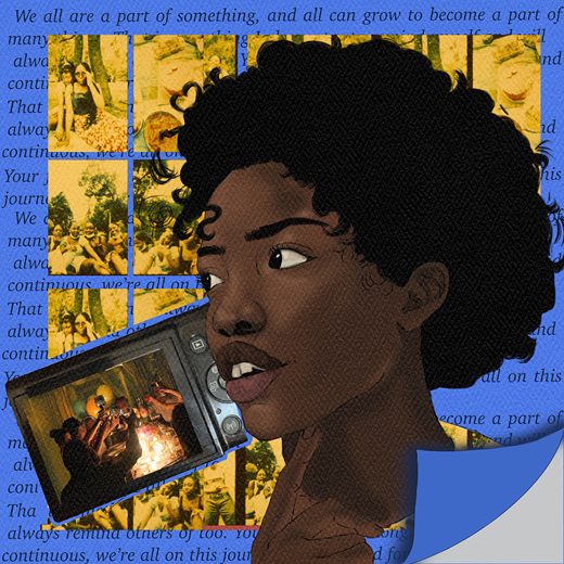 An illustrated collage portrays a person surrounded by family memories, handwritten text, and digital media linked to belonging and identity.