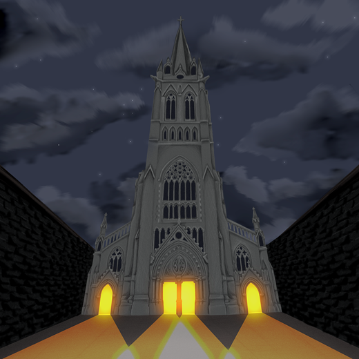 A Gothic-style church tower glows at night with illuminated entrances beneath a cloudy sky.