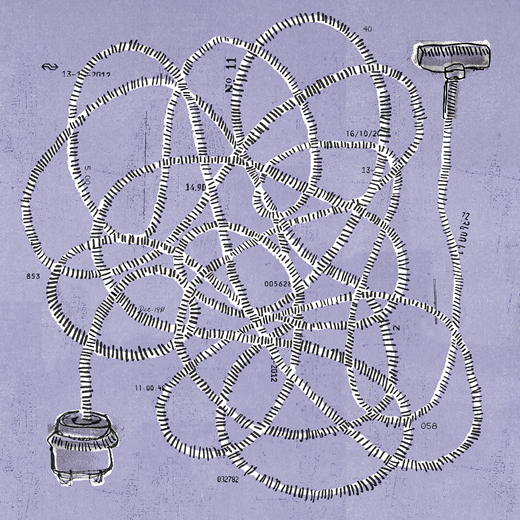 An abstract artwork shows tangled looping lines connected between a razor and an electrical plug.