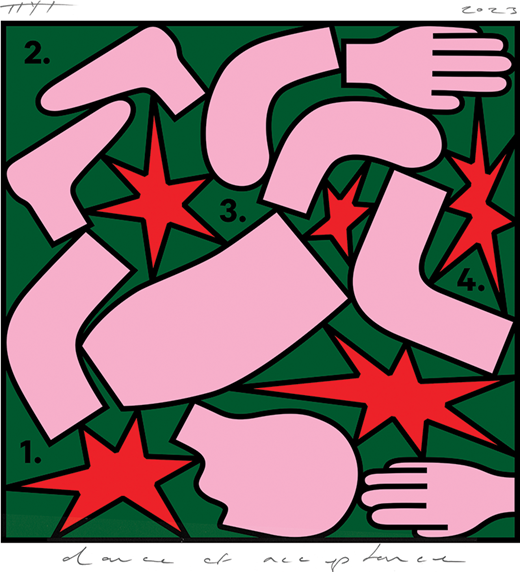 An abstract illustration arranges stylised hands and star shapes with numbered sections in a geometric composition.
