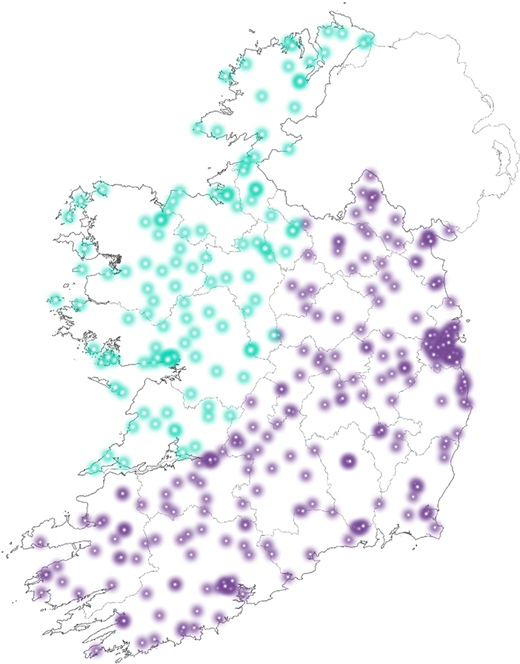 A map of Ireland showing the locations of rural hubs using mauve dots in the east of the country and green dots in the west and north west.