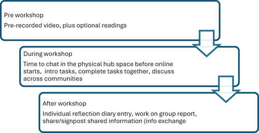 A three-level flow diagram Pre- workshop prerecorded video, plus optional readings, During workshop time to chat in the physical hub space before online starts, intro tasks, complete tasks together, discuss across communities. After workshop individual reflection diary entry, work on group report, share/signpost shared information (info exchange).