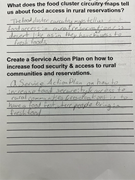 A worksheet records responses about food access in rural reservations and a service action plan for improving food security.