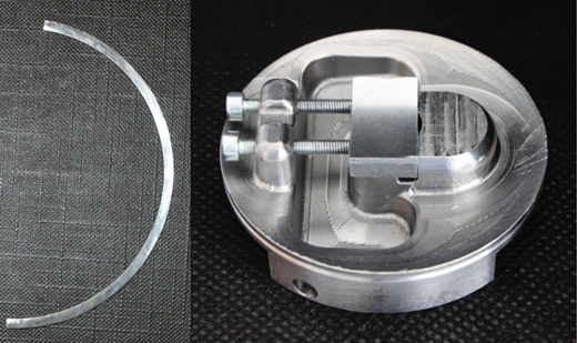Piston ring sample (left) and cylinder liner sample mounted in the bottom part of the tribometer sample holder (right) Refer to the image caption for details.