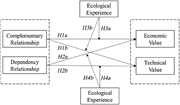 A conceptual model diagram illustrating relationships between complementary relationship, dependency relationship, ecological experience, economic value, and technical value.