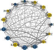 A dense network graph connects 15 labelled assets, with varying node sizes and link thicknesses indicating differing network prominence.