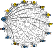 A network graph connects 15 labelled assets with numerous links of varying thickness and node prominence.