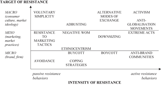 A chart showing levels and intensities of consumer resistance across macro, meso, and micro targets.