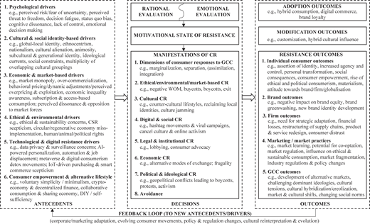A framework showing antecedents, decisions, and outcomes of consumer resistance.