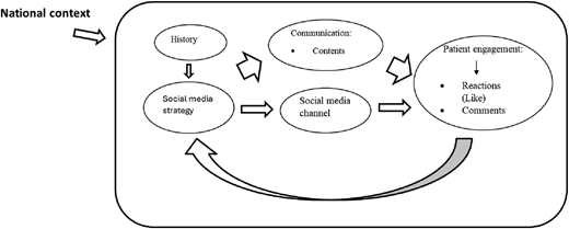 A model linking national context, history, and social media strategy to communication, channels, and patient engagement.