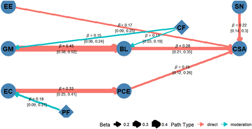 A diagram of a structural equation model showing relationships between various factors.