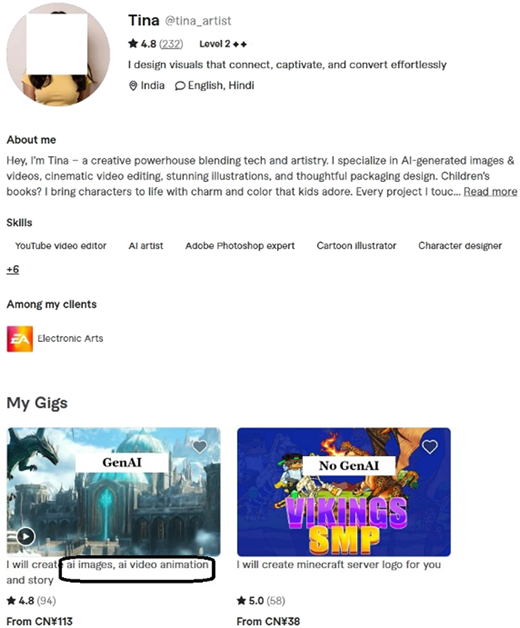 A screenshot of a creator profile shows the name “Tina”, a hidden profile, rating, level details, and a grid of service offerings.