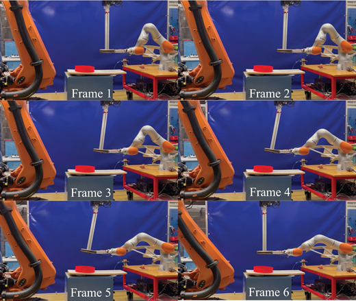 Six frames illustrate the movement of a robotic arm manipulating an object against a blue backdrop, highlighting the arm's position changes in each frame.