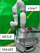 A robotic arm labelled x Arm 7 is mounted on a S M A R T mobile base, with a H E X slash E sensor at the end effector.