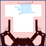 A schematic depicts a four-point workpiece region above a gripper, with a V P vector indicating downward motion.