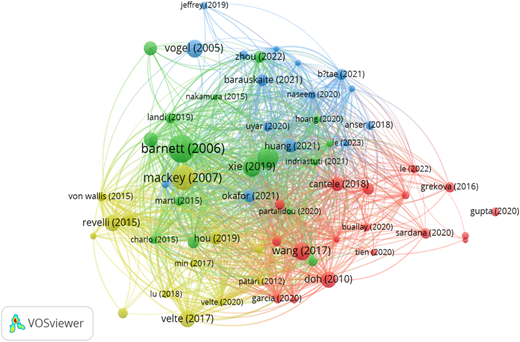 A network visualization showing node clusters linked through document coupling.