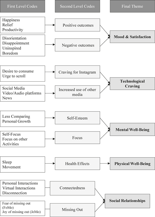 A flowchart showing links from nine first-level codes through second-level categories to final themes.