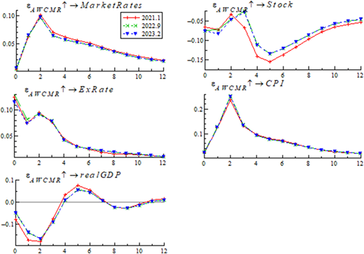 Multiple line graphs depict impulse responses of macroeconomic variables to monetary policy shocks at different time points.