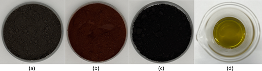 A laboratory view of four raw material samples showing three solid forms in containers and one liquid sample in a beaker.