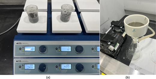 A laboratory setup shows heated stirring units with beakers and a vacuum filtration apparatus.