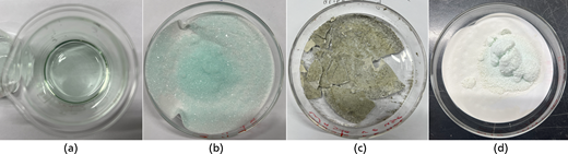 A laboratory view showing four processed material outcomes presented in glass containers and dishes.
