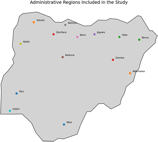 A map of Nigeria highlighting administrative regions included in a food price dataset.